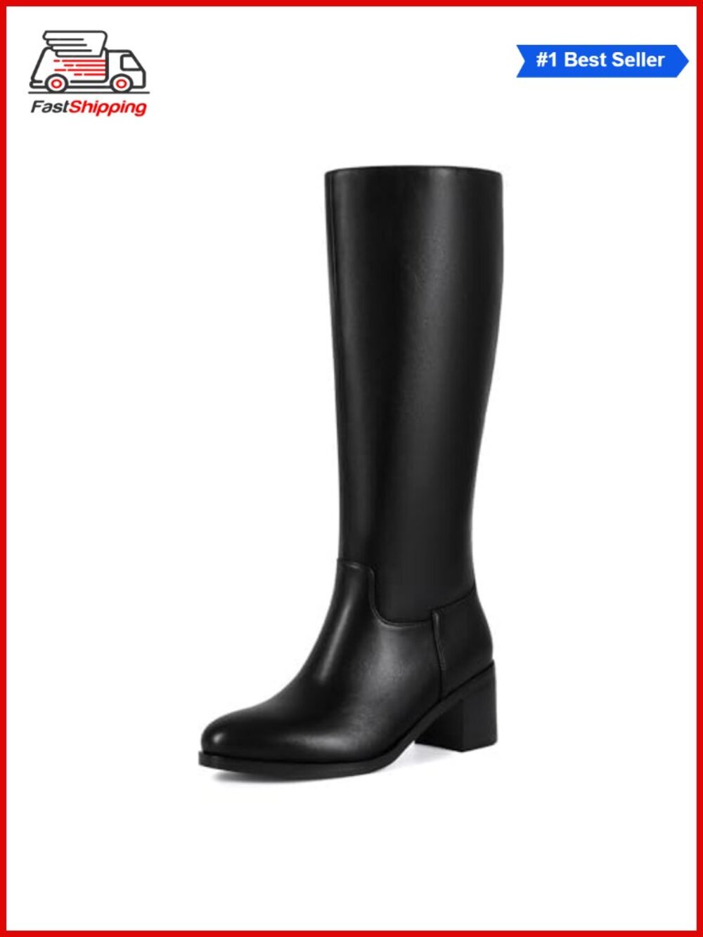 Women's Knee High Wide Calf Heeled Boots PU Leather Almond Toe